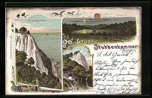 Lithographie Stubbenkammer, Königsstuhl und Hertha-See