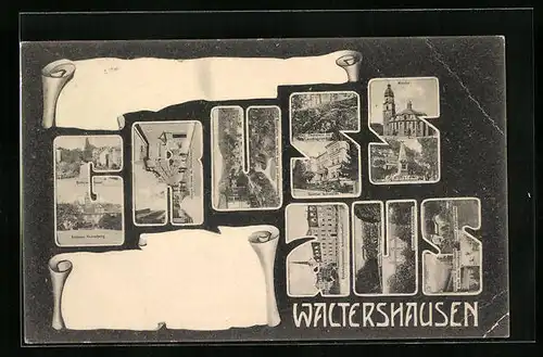 Passepartout-AK Waltershausen, Institut Schwerdt, Schloss Tenneberg, Bahnhofstrasse