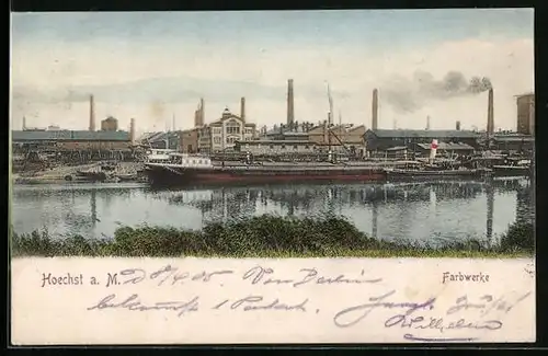 AK Höchst a. M., Farbwerke mit Rhein und Schiffen