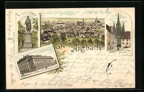 Lithographie Ansbach, Ortsansicht, Kgl. Schloss, Oberer Markt