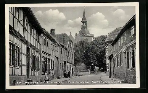 AK Schwanebeck /Kr. Oschersleben, Obere Strasse mit Petrikirche