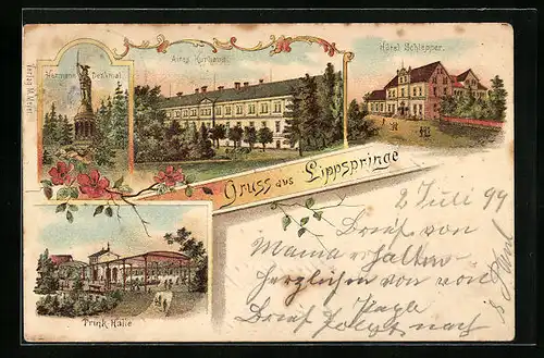 Lithographie Lippspringe, Altes Kurhaus, Hotel Schlepper, Trink-Halle