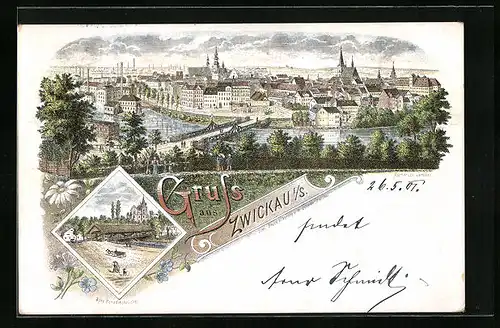Lithographie Zwickau /Sa., Gesamtansicht und Alte Paradiesbrücke