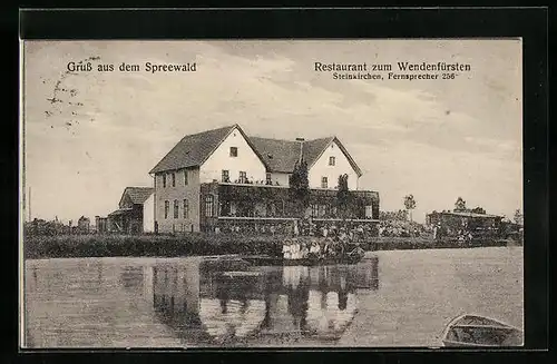 AK Steinkirchen /Spreew., Restaurant zum Wendefürsten vom Wasser gesehen