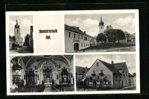 AK Konnersreuth /Opf., Gasthof Schiml u. Marktplatz, Kirche, Kircheninneres