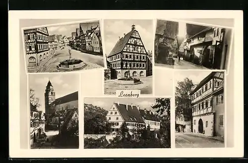 AK Leonberg, Fachwerkhaus mit Brunnen, Kirche, Ortspartie