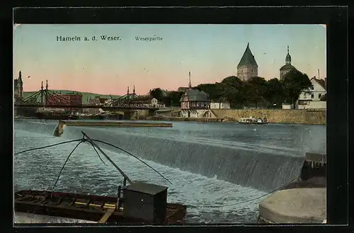 AK Hameln, Weserpartie mit Blick auf die Stadt