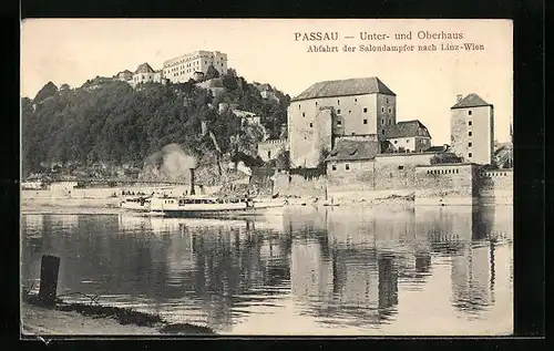 AK Passau, Unter- und Oberhaus, Abfahrt des Salondampfers