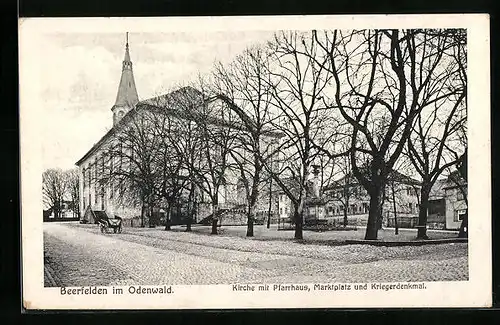 AK Beerfelden /Odenwald, Kirche mit Pfarrhaus, Marktplatz und Kriegerdenkmal