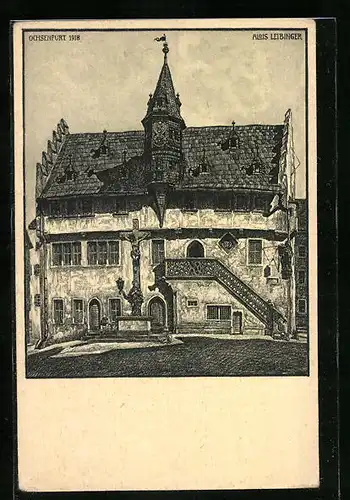 Künstler-AK Ochsenfurt a. M., Rathaus mit Denkmal