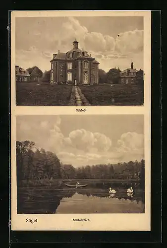AK Sögel, Schloss und Schlossteich mit Schwänen