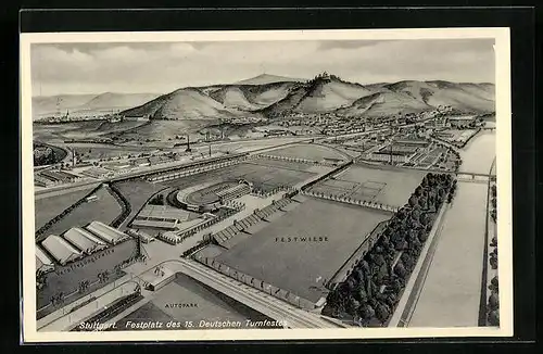 AK Stuttgart, Festplatz des 15. Deutschen Turnfestes, Festwiwese u. Grosskampfbahn mit Verpflegungszelten und Autopark