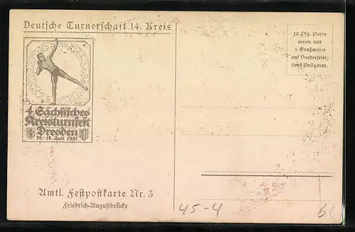 AK Dresden, 4. Sächsisches Kreisturnfest 1921, Uferpartie mit Kirche und Dampfer Margarethe