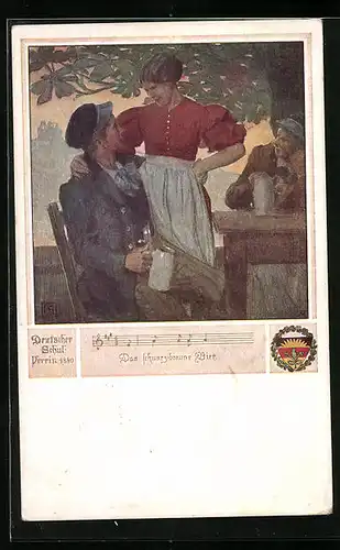 Künstler-AK Karl Friedrich Gsur: Deutscher Schulverein Nr. 463: Das schwarz-braune Bier - Student und Serviermädchen
