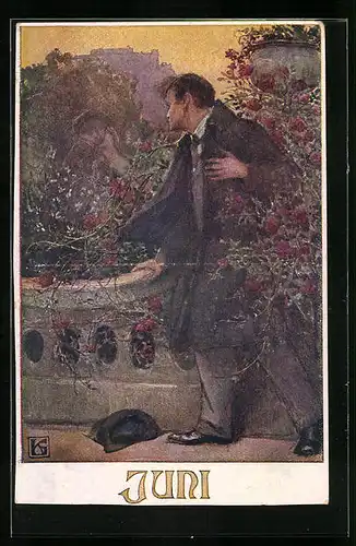 Künstler-AK Karl Friedrich Gsur: Deutscher Schulverein Nr. 1276: Juni - Am Rosenbrunnen