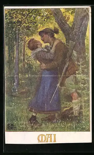 Künstler-AK Karl Friedrich Gsur: Deutscher Schulverein Nr. 1275: Mai - Jäger und Liebste im Wald