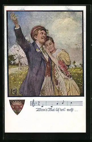 Künstler-AK Karl Friedrich Gsur: Deutscher Schulverein Nr. 1069: Wenns Mailüfterl weht... - Liebespaar