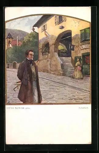 Künstler-AK Franz Schubert in Hut und Mantel auf der Strasse