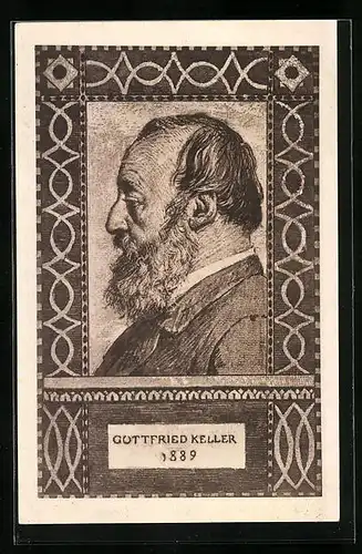 Künstler-AK Seitenportrait des Dichters Gottfried Keller, Ornamente