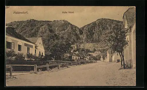 AK Maiersdorf, Strassenpartie mit Gasthof von Carl Seidler und Blick zur hohen Wand