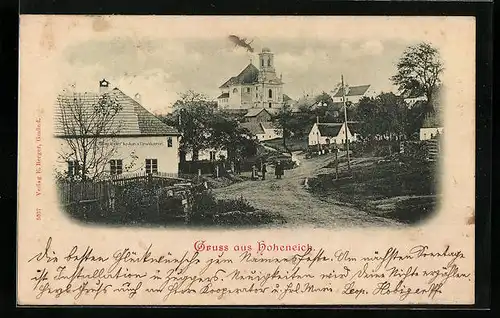 AK Hoheneich, Strassenpartie mit Gasthaus und Fleischhauerei und Kirche