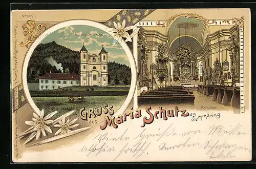 Lithographie Maria Schutz, Wallfahrtskirche - Hochaltar und Gebäude hinter äsenden Hirschen