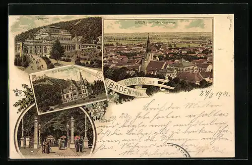 Lithographie Baden bei Wien, Ortsansicht vom Calvarienberg aus, Kursalon, Villa Erzherzog Wilhelm