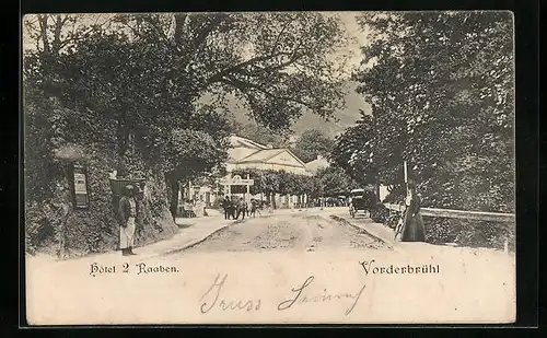 AK Vorderbrühl, Strasse mit Korbträger und Blick auf Hotel 2 Raben