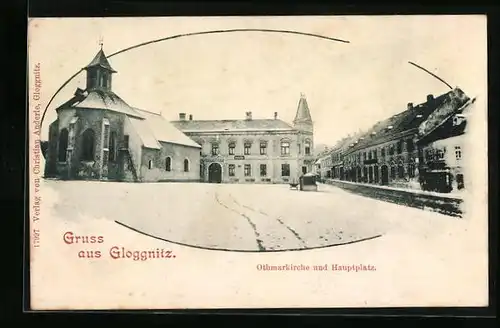 AK Gloggnitz, Othmarkirche und Hauptplatz im Winter