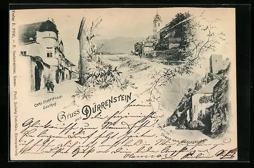 AK Dürrenstein, Gasthof Carl Fenninger, Ortspartie, Strasse nach Weissenkirchen