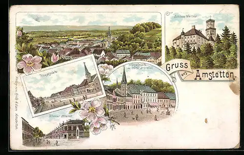 Lithographie Amstetten, Ortsansicht, Hauptplatz mit Hotel Schmidl, Wiener Strasse