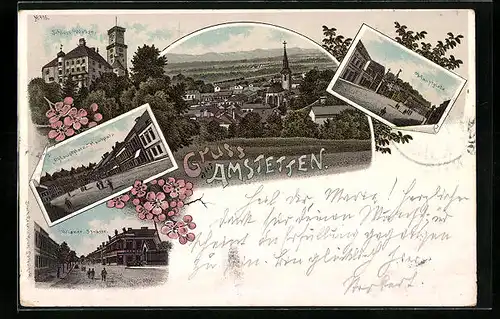 Lithographie Amstetten, Hauptplatz, Schloss Wallse, Ortsansicht
