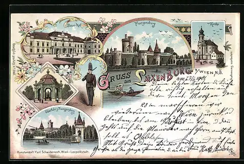 Lithographie Laxenburg, Franzensburg, Blauer Hof, Grünes Lusthaus