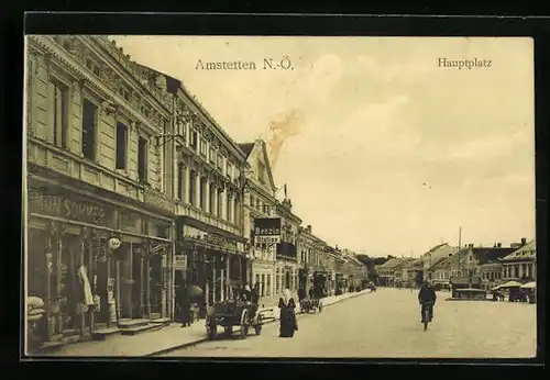 AK Amstetten, Hauptplatz mit Benzin-Station und Geschäften