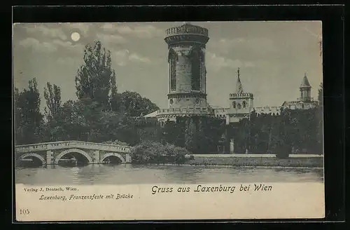 Mondschein-AK Laxenburg, Flusspartie mit Brücke und Turm