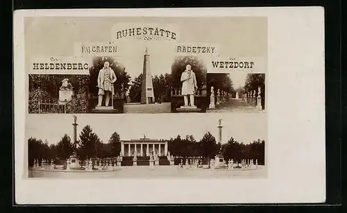 AK Wetzdorf, Radetzky-Ruhestätte - Gesamtansicht, Statue, Obelisk