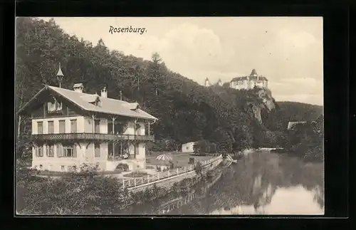AK Rosenburg, Flusspartie mit Haus und Burg