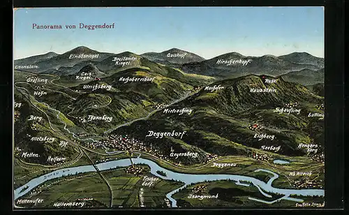 Künstler-AK Eugen Felle: Deggendorf, Panorama mit Orten und Bergen