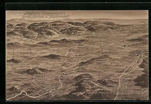 Künstler-AK Eugen Felle: Reims, Chalons und Argonnenwald aus der Vogelschau