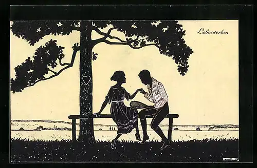 Künstler-AK Manni Grosze: Liebeswerben - Junges Paar unter einem Baum, Scherenschnitt