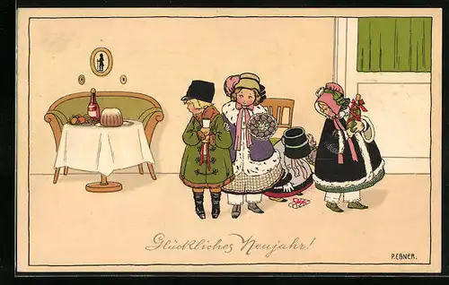 Künstler-AK Pauli Ebner: Fünf kleine Besucher mit Blumen warten neben einem Tisch mit Kuchen, Neujahrsgruss