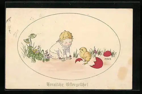 Künstler-AK Pauli Ebner: Kleinkind und Küken mit roter Eierschale, Ostergruss