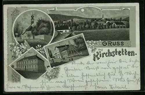 Mondschein-Lithographie Kirchstetten, Bahnhof, Schule, Kirche