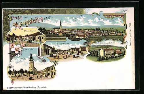 Lithographie Königstetten, Wiener Strasse, Rekonvaleszentenheim, Kirchenplatz