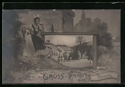 Passepartout-AK Pernitz, Strassenpartie, Mädchen beim Wein