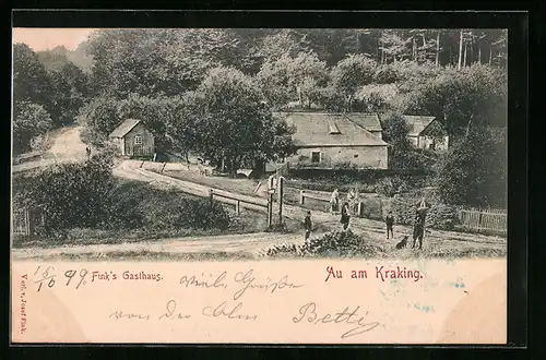 AK Au am Kraking, Finks Gasthaus mit Landstrasse und Ortsbewohnern aus der Vogelschau