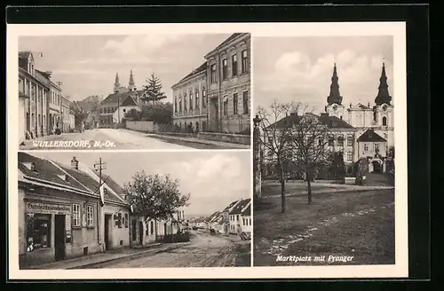 AK Wullersdorf, Marktplatz mit Pranger und Strassenpartien