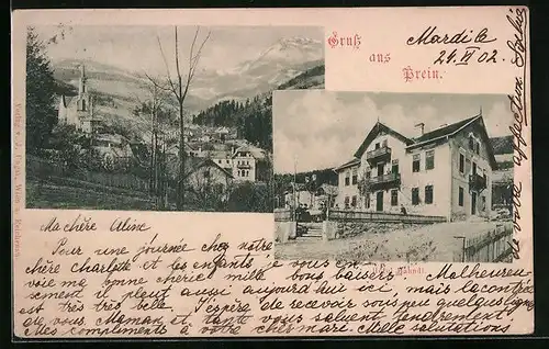 AK Prein, Hotel Hahndl, Teilansicht mit Kirche