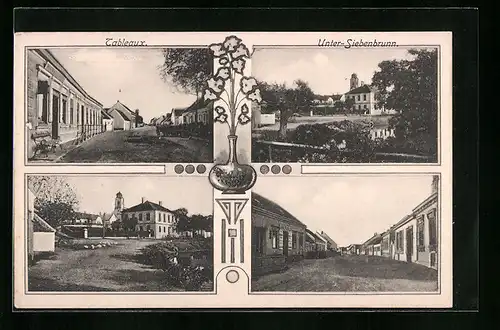 AK Unter-Siebenbrunn, Strassenpartie mit Geschäft, Ortspartie mit Kirche, Strassenpartie mit Gebäudeansicht