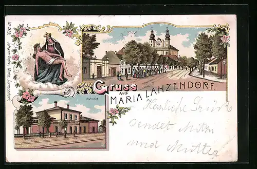 Lithographie Maria Lanzendorf, Bahnhof, Kirche, Gnadenbild